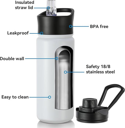16 oz Insulated Water Bottle with Straw Lids, Stainless Steel Kids Water Bottles for School, Double Wall Vacuum Metal Water Bottle with Straw & Wide Mouth Lid, Polar 4 Pack