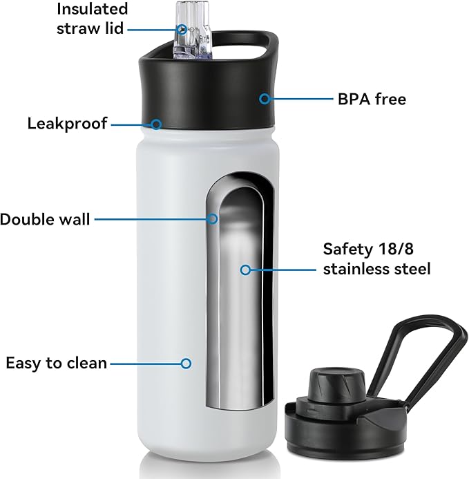 16 oz Insulated Water Bottle with Straw Lids, Stainless Steel Kids Water Bottles for School, Double Wall Vacuum Metal Water Bottle with Straw & Wide Mouth Lid, White 1 Pack