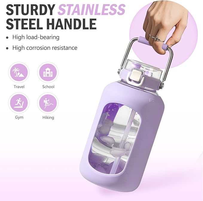 BLUEGO 100 oz Glass Water Bottle with Straw, Huge 3 Liter Water Bottle with Sturdy Handle, Glass Water Jug with Sleeve, Wide Mouth Water Container with Time Marker, Purple