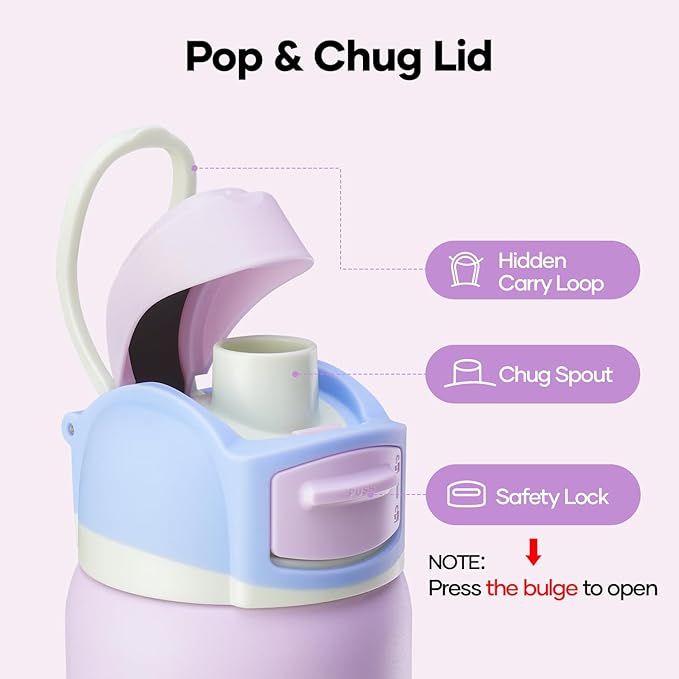 BUZIO 32 oz Insulated Water Bottle - Stainless Steel with Chug Cap, Leakproof Locking Lid, Carry Loop, Wide Mouth, Dishwasher Safe, Gym Sports Travel Work Outdoors, Gifts for Women & Men, Light Purple