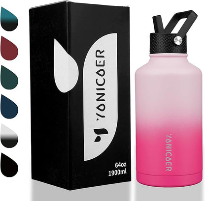 Insulated Water Bottle 64oz,Triple Wall Vacuum Stainless Steel(Dishwasher Safe),Leak Proof & Non-BPA,Flask Jug with Paracord Handle & Straw Spout Lids Sports Cherry Blossom