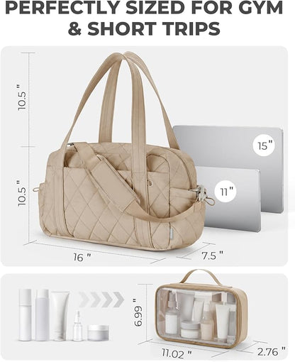 Percover Women Gym Bag with Toiletry Organizer Pouch, Quilted Workout Duffle with Compartments for Daily Fitness & Yoga, Locker-Friendly Soft Carry, Camel Tan