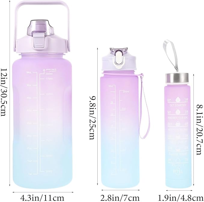 Ciieeo 3pcs Sports Water Bottle Set Large Capacity Frosted Gradient Plastic Workout Bottles (2l, 900ml, 300ml) Portable Fitness Hydration for Outdoor Gym and Hiking