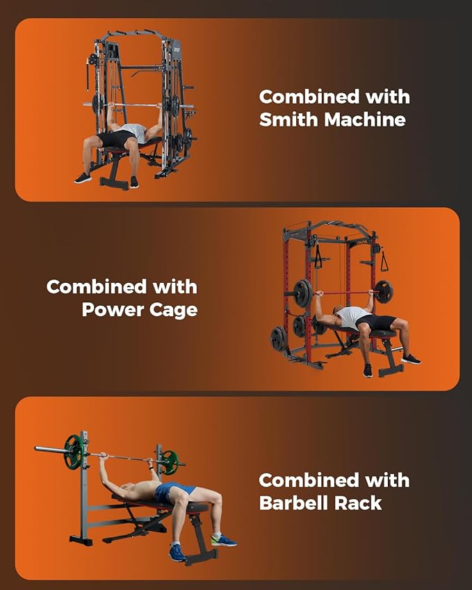 Smith Machines Home Gym with Bench, Squat Rack with Weight Bar, Dual LAT Pull-Down Systems & Cable Crossover Machine for Full-Body Workouts Training, Red & Black