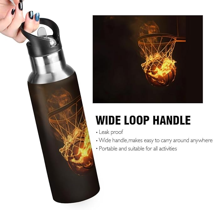Flaming Basketball Net Water Bottle Vacuum Insulated Stainless Steel Mug Kids Water Bottle with Straw and Handle Keep Hot Cold Sport Bike Fit Travel Outdoor 20 oz