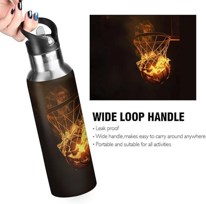 Flaming Basketball Net Water Bottle Vacuum Insulated Stainless Steel Mug Kids Water Bottle with Straw and Handle Keep Hot Cold Sport Bike Fit Travel Outdoor 20 oz