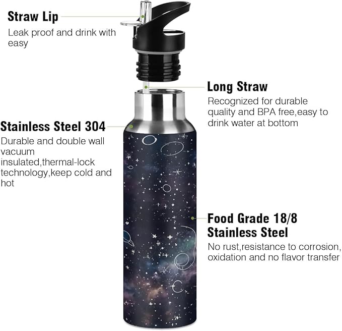AUUXVA Night Planet Constellation Galaxy Water Bottle Vacuum Insulated Stainless Steel Mug Kids Water Bottle with Straw and Handle Keep Hot Cold Sport Bike Fit Travel Outdoor 20 oz