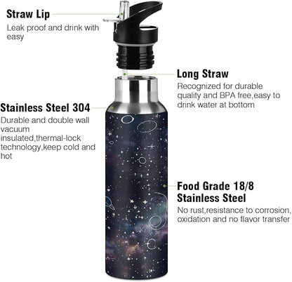 AUUXVA Night Planet Constellation Galaxy Water Bottle Vacuum Insulated Stainless Steel Mug Kids Water Bottle with Straw and Handle Keep Hot Cold Sport Bike Fit Travel Outdoor 20 oz