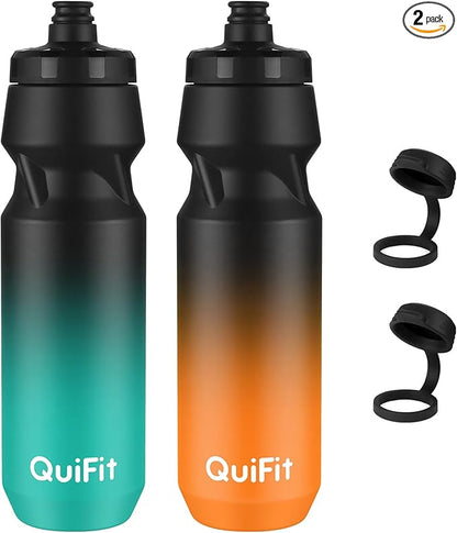 QuiFit Bike Water Bottle 2-Pack, 32oz Squeeze Bottles BPA Free, Leak Proof, Reusable Sport Jug with Dust Cover, Fit Most Bike Holders, for Cycling (Black Green+Black Orange, 32 Ounces)