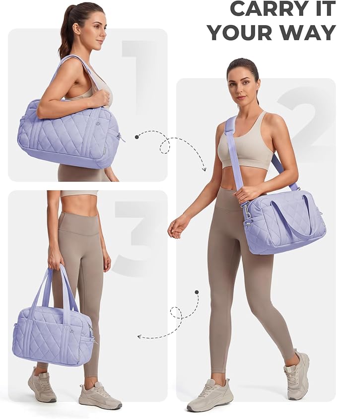 Percover Women Gym Bag with Toiletry Organizer Pouch, Quilted Workout Duffle with Compartments for Daily Fitness & Yoga, Locker-Friendly Soft Carry, Lavender Purple