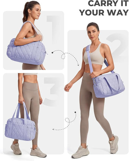 Percover Women Gym Bag with Toiletry Organizer Pouch, Quilted Workout Duffle with Compartments for Daily Fitness & Yoga, Locker-Friendly Soft Carry, Lavender Purple
