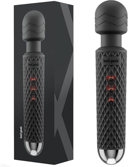 bed geek Handheld Cordless Personal Wand Massager – Waterproof, USB Rechargeable, 20 Vibration Patterns, 8 Speeds, Memory Feature, Skin-Soft Silicone for Ultimate Relaxation Tool (Black)