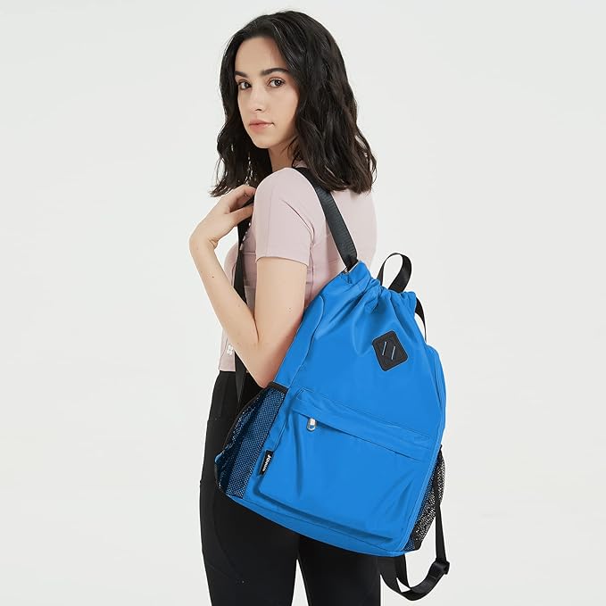 WANDF Drawstring Backpack Sports Gym Bag with Shoes Compartment, Water-Resistant String Backpack Cinch for Women Men(Large,Dark blue)
