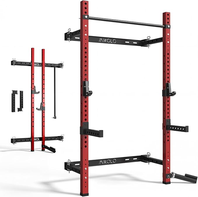 Mikolo 2" x 2" Folding Wall Mounted Squat Rack, 1000 Pounds Capacity Power Rack with Pull Up Bar, J Hooks and Other Attachments, Space-Saving Home Gym