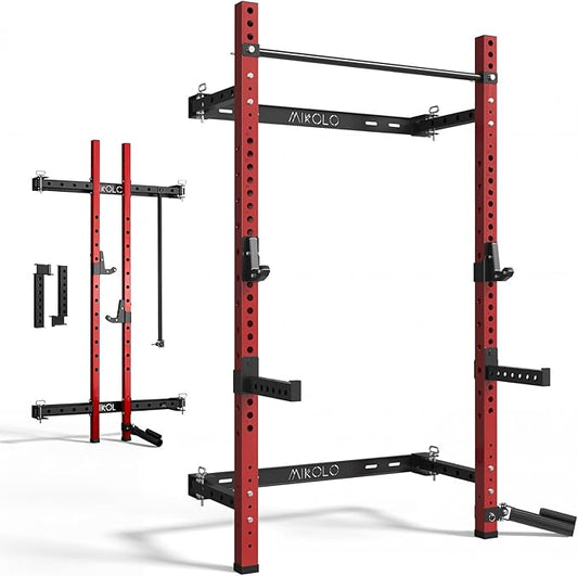 Mikolo 2" x 2" Folding Wall Mounted Squat Rack, 1000 Pounds Capacity Power Rack with Pull Up Bar, J Hooks and Other Attachments, Space-Saving Home Gym