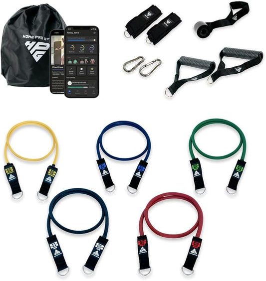 HomeProGym Stackable Resistance Band Set - with Up to 450LBS of Resistance, Band Bar, Premium Handles, Heavy Duty Door Anchor, Padded Ankle Straps, Digital Workout Guide