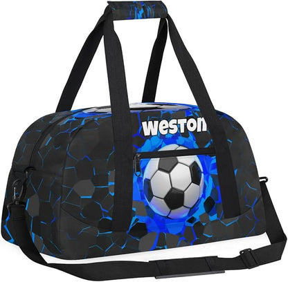 Custom Name Sports Bag for Kids Boys, Personalized Gym Duffel Fitness Travel Weekender Tote Carry-On Training Perform Bag, Soccer Black Blue