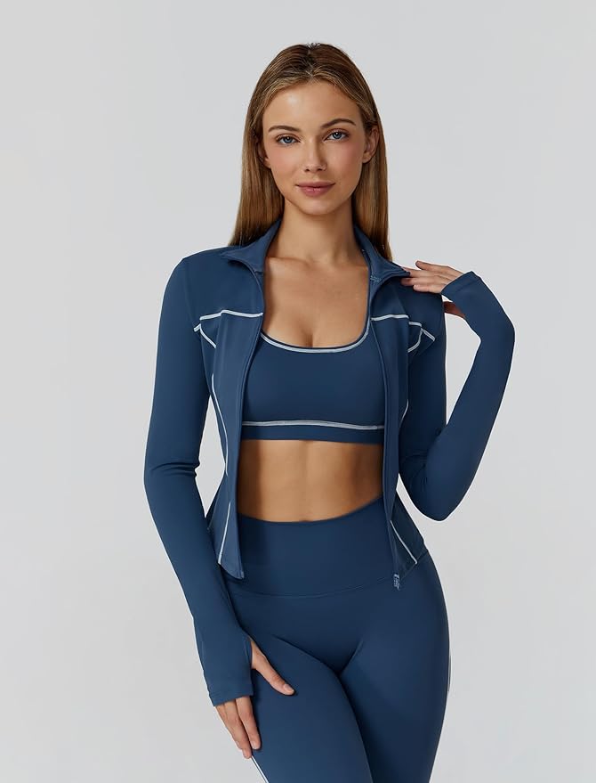 Womens workout sets Contrast Long Sleeve Jacket with Sports Bra and Butt-lifting Pants Yoga Outfits 3 Pieces Set