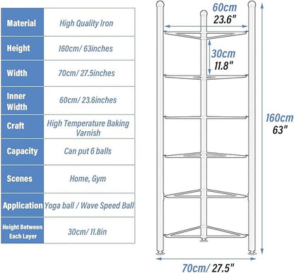 Organizer Rack Home Gym Exercise Half Balance Ball Trainer Holder Storage Rack - Home Fitness Gym Workout Equipment 3/5/6/7 Tier Floor Stand Corner Storage Organizer for Basketball Bowling Medicine Yo