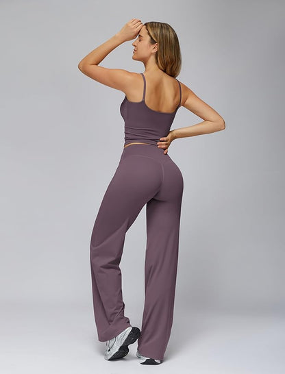 Womens Workout Sets Two Piece Spaghetti Straps Crop Top Matching Straight Leg Pants Gym Work Pilates Outfits