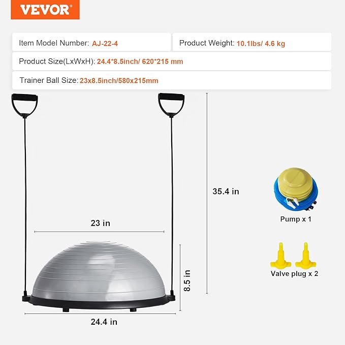 VEVOR Half Exercise Ball Trainer, 23/26 inch Balance Ball Trainer, 1500lbs Capacity Stability Ball, Yoga Ball with Resistance Bands & Foot Pump, Strength Fitness Ball for Home Gym Full Body Workout