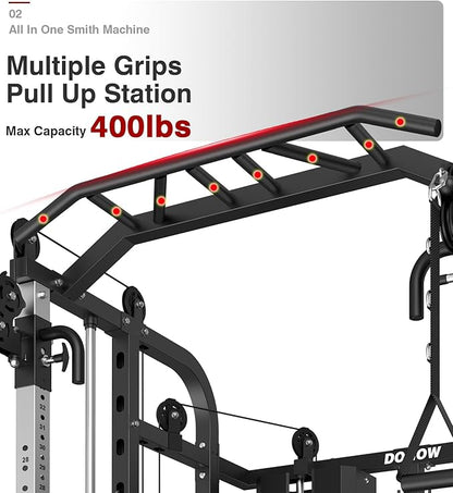 DONOW Smith Machine with Weight Stacks, Multi Function Home Gym System Training Power Cage Squat Rack Dual Cable Crossover Machine All in One