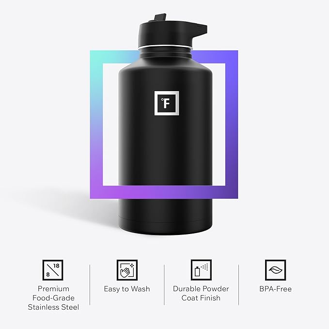 IRON °FLASK Camping & Hiking Hydration Flask with Straw, Wide Mouth Insulated Stainless Steel Sports Water Bottle - 64 oz Dark Rainbow