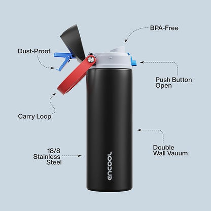 Insulated Water Bottle with Straw - Encool Stainless Steel Water Bottle with Push Button Lid, Leak-Proof & BPA-Free, Keeps Cold for 24 Hours for Sports, Travel, Gym (24 oz, Oil Black)