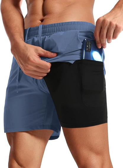 Aolesy Men's 2 in 1 Running Shorts 5" Workout Gym Athletic Shorts for Men Quick Dry Lightweight Training Shorts with Pockets