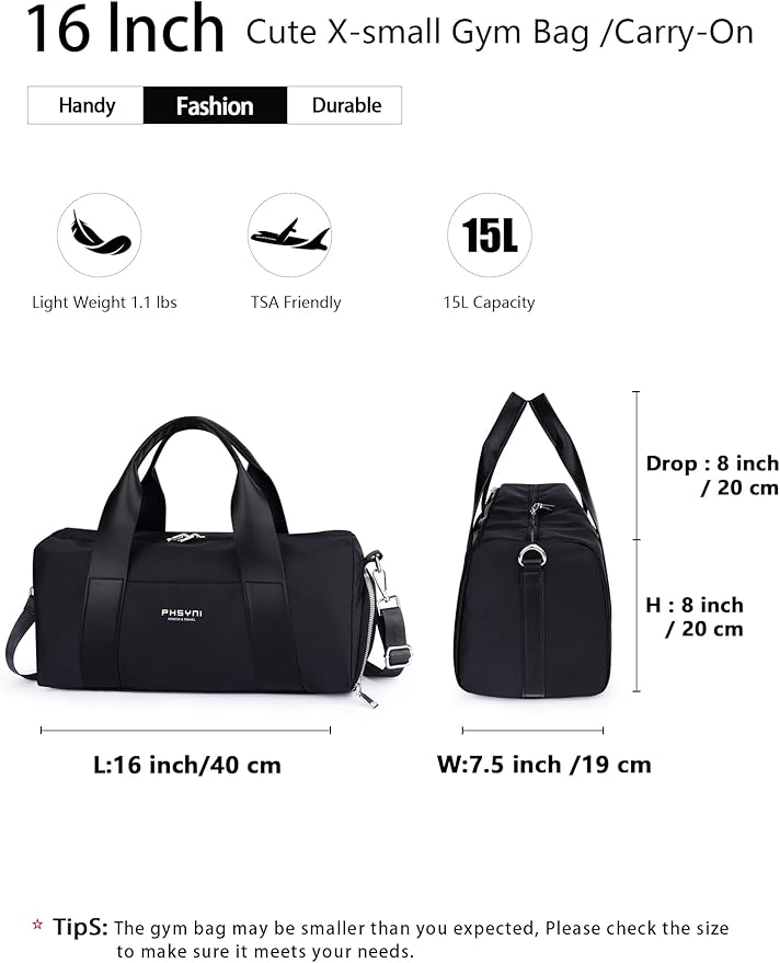 Sports Small Gym Bag for Women & Girls and Kids, Cute Mini Duffle Bag with Wet Pocket & Shoes Compartment, Personal Item Travel Workout Bag, 16"-Small, Black