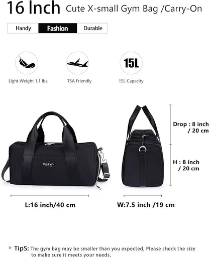 Sports Small Gym Bag for Women & Girls and Kids, Cute Mini Duffle Bag with Wet Pocket & Shoes Compartment, Personal Item Travel Workout Bag, 16"-Small, Black