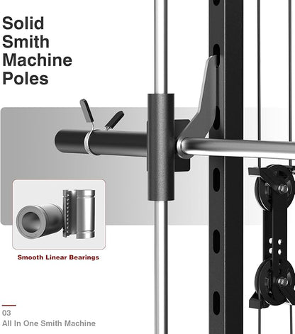 DONOW Smith Machine with Weight Stacks, Multi Function Home Gym System Training Power Cage Squat Rack Dual Cable Crossover Machine All in One