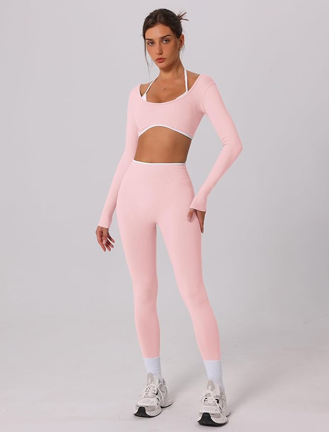 ABOCIW Workout Sets for Women Long Sleeve Crop Top Scrunch Butt Lifting High Waist Leggings 2 Piece Gym Yoga Outfits