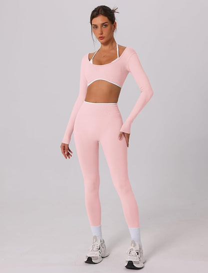 ABOCIW Workout Sets for Women Long Sleeve Crop Top Scrunch Butt Lifting High Waist Leggings 2 Piece Gym Yoga Outfits