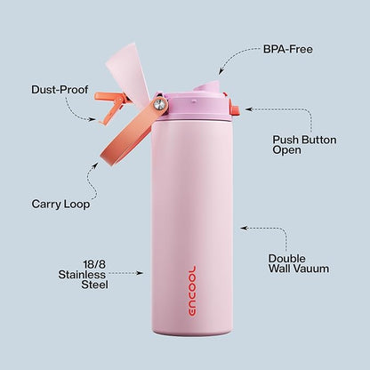 Insulated Water Bottle with Straw - Encool Stainless Steel Water Bottle with Push Button Lid, Leak-Proof & BPA-Free, Keeps Cold for 24 Hours for Sports, Travel, Gym (40 oz, Lily-Red)