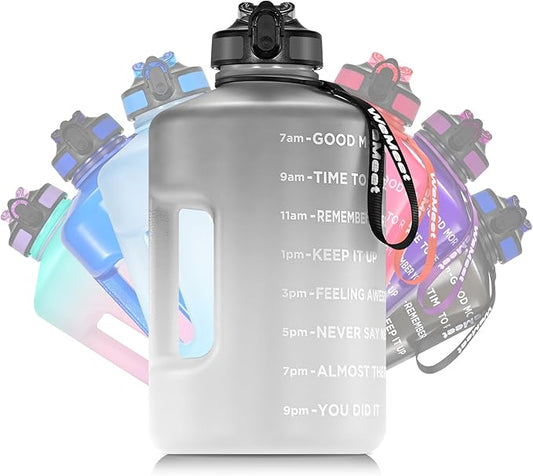 Big Reusable Sport Water Jug with non-slip handle, 1 Gallon Water Bottle with Straw and Time Marker, for All Day Hydration, Exercise and Outdoor (Black White)