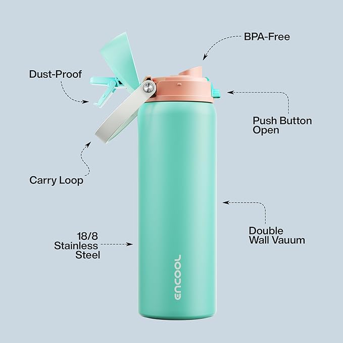 Insulated Water Bottle with Straw - Encool Stainless Steel Water Bottle with Push Button Lid, Leak-Proof & BPA-Free, Keeps Cold for 24 Hours for Sports, Travel, Gym (32 oz, Turquoise)