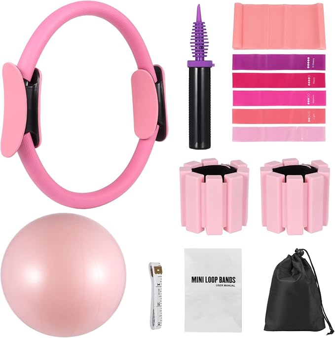 Pilates Equipment Kit for Home Workout, Pilates Ring Set with Ball, Ankle Wrist Weights, Resistance Bands, and Tape Measure, Women's Full Body Training Kit for Yoga
