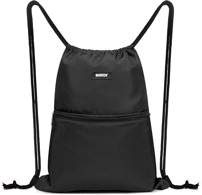 WANDF Drawstring Backpack String Bag Sackpack Cinch Water Resistant Nylon for Gym Shopping Sport Yoga (Black)