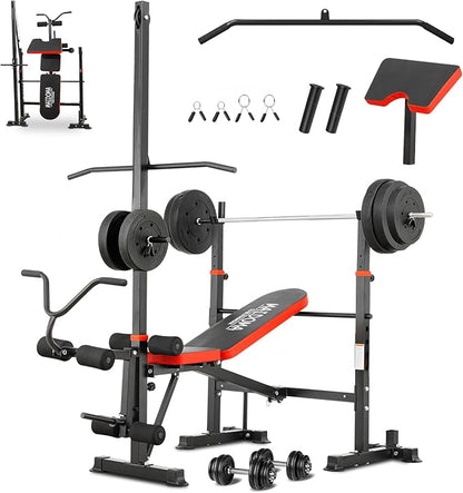 1500LB 8 IN 1 Weight Bench with Lat Pulldown and Leg Extension/Curl, Foldable Bench Press with Preacher Curl & Rack, Workout Benches with Safety Bar Catches for Home Gym(US Stock)