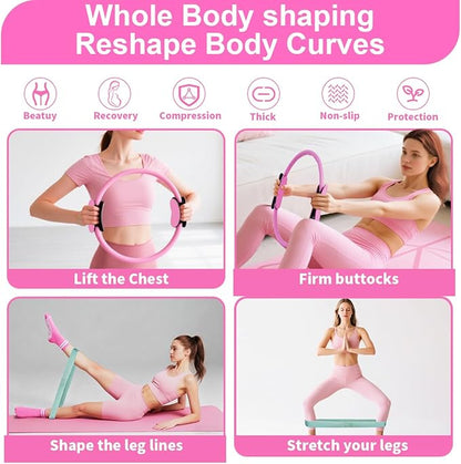 Pilates Essentials Kit for Women, Home Pilates Kit with 12.9" Ring and 9.8" Mini Ball, 4 Fabric Loop Bands, Figure-8 Band, Stretch Strap, Jump Rope, Carry Bag