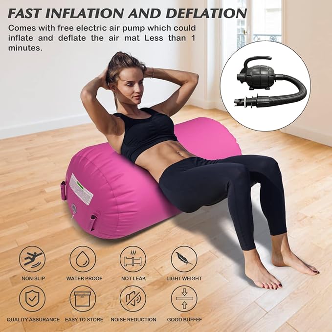 Gymnastics Tumbling Equipment Inflatable Air Roller Balance Cylinder with Pump, 0.6mm High-Density PVC, Air Barrel Trainer for Back Handspring, Cheerleading, Yoga & Gym Multiple Sizes 2.6FT–4FT Length