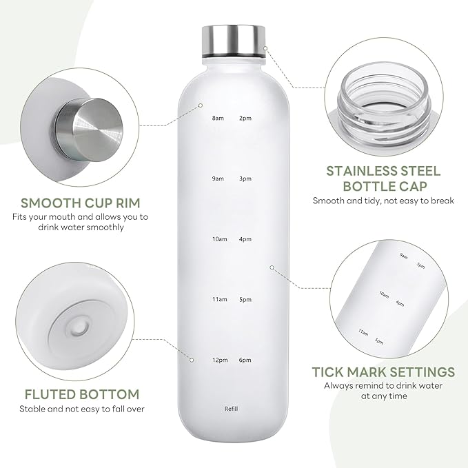 Water Bottle 32 oz, Frosted Style Sports Water Bottles BPA Free Water Bottle With Time Marker,Small mouth Leakproof Water Bottles with Strap for Gym Fitness Hiking Bike Camping (White)