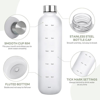 Water Bottle 32 oz, Frosted Style Sports Water Bottles BPA Free Water Bottle With Time Marker,Small mouth Leakproof Water Bottles with Strap for Gym Fitness Hiking Bike Camping (White)