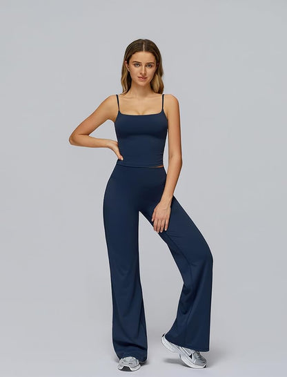Womens Workout Sets Two Piece Spaghetti Straps Crop Top Matching Straight Leg Pants Gym Work Pilates Outfits