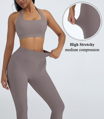 OMKAGI 2 Piece Workout Sets for Women Halter Sports Bras Gym Sets Booty Leggings Outfits
