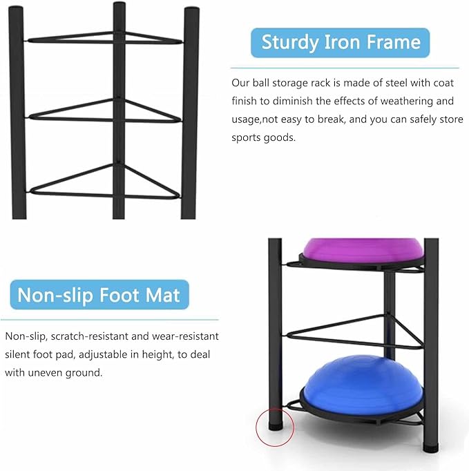 Ball Storage Holder Black 5-Tiers Half Yoga Ball Balance Trainer Holder, Heavy Duty Corner Upright Half Exercise Ball Storage Rack for Workout Room, Home Gym & Fitness Class