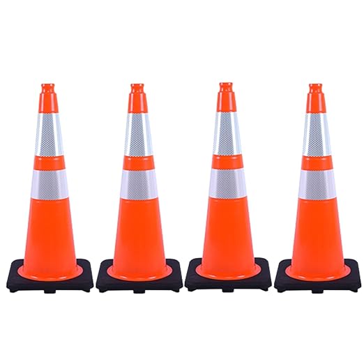 4 Pack 28 Inch Orange PVC Traffic Cones Black Base Stable Flexible, Road Safety Construction Zone Crowd Control Parking Safety Markers (4, Orange, 28 Inch)