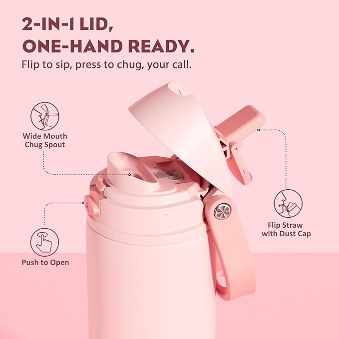 POWCAN 24 oz Insulated Water Bottle for Sports: 2-in-1 Lid with Push-Button Spout & Quick-Flip Straw, Leakproof, Car Cupholder Friendly, Stainless Steel for Gym, School, Travel (Cotton Candy)