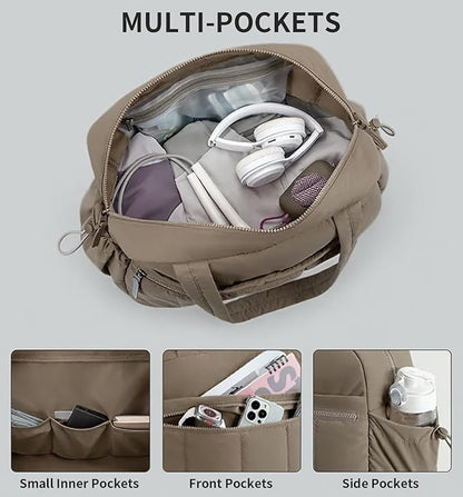Travel Duffle Gym Bag for Women, Lightweight Puffer Carry on Weekender Bags with Wet Pocket Tote Yoga Workout Bag (Beige)